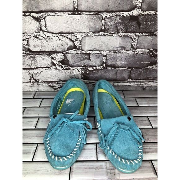 Minnetonka Kilty Turquoise Suede Leather Moccasins Driving Shoes Women Sz 7.5M - Picture 2 of 16